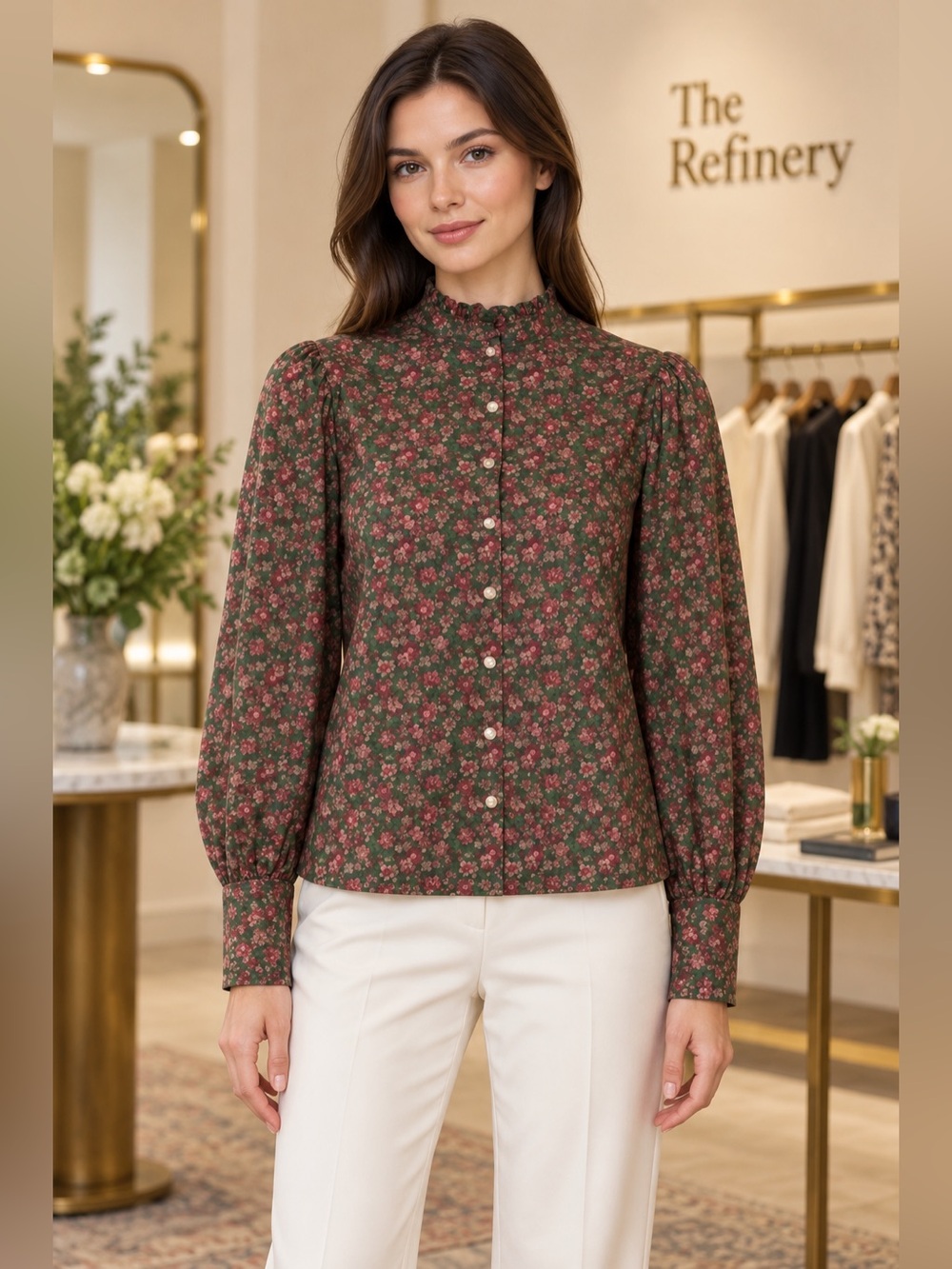 DOEN Button Ruffle Rose Top Green Winter Ditsy Floral Print XS